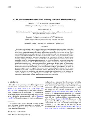 A link between the hiatus in global warming and North American drought