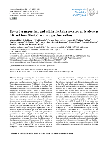 Upward transport into and within the Asian monsoon anticyclone as inferred from StratoClim trace gas observations