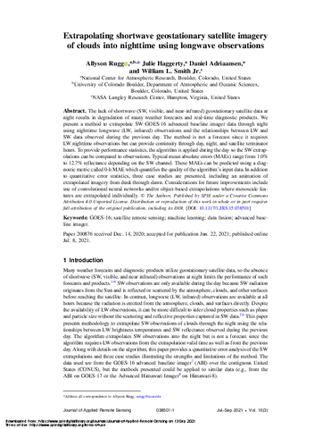 Extrapolating shortwave geostationary satellite imagery of clouds into nighttime using longwave observations