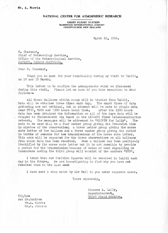 Letter from V. Lally to French Polynesian Meterological Service