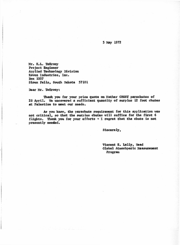 Correspondence, Vincent Lally to K.L. TeKrony