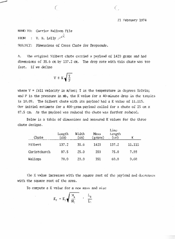 Memo, V. E. Lally to Carrier Balloon File