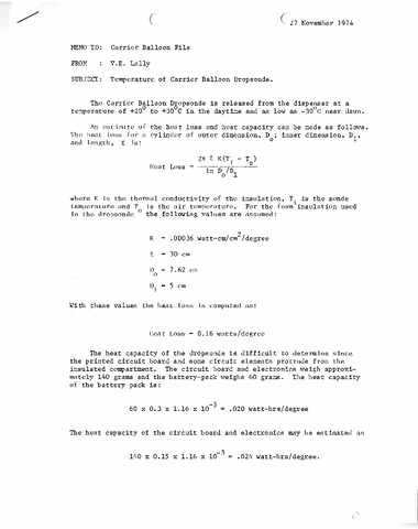 Memo, V. E. Lally to Carrier Balloon File