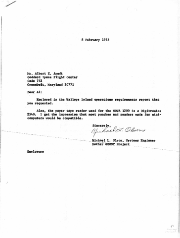 Correspondence, Michael L. Olson to Albert E. Arndt