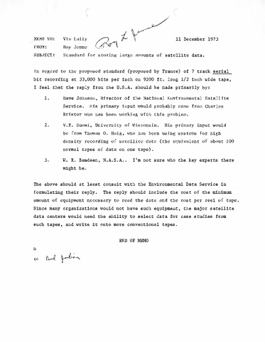 Memo, Roy Jenne to Vin Lally
