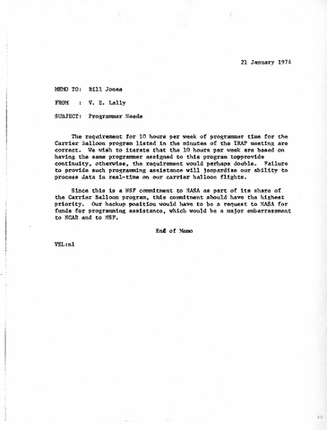 Memo, V. E. Lally to Bill Jones