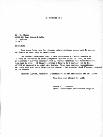 Correspondence, Ernest W. Lichfield to M. Bineau