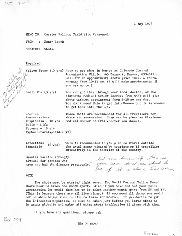 Memo, Nancy Leach to Carrier Balloon field site personnel