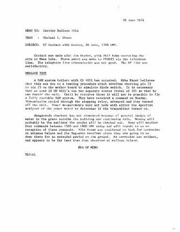 Memo, Michael L. Olson to Carrier Balloon file