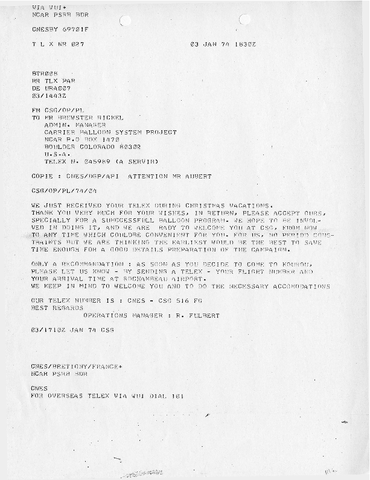 Telex, R. Fulbert to Brewster Rickel