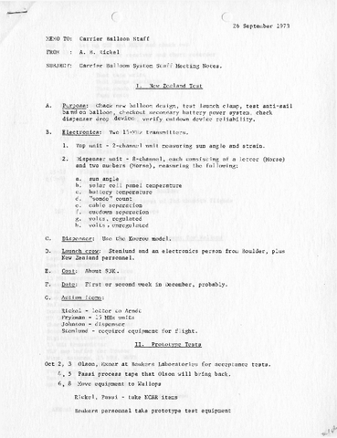 Memo, A.B. Rickel to Carrier Balloon Staff