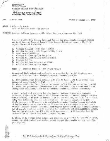 Memo, Carrier Balloon Program- Mike Olson meeting
