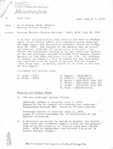 Memo, Carrier Balloon Program- Goddard Space Flight Center