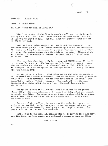 Memo, Nancy Leach to Safesonde File