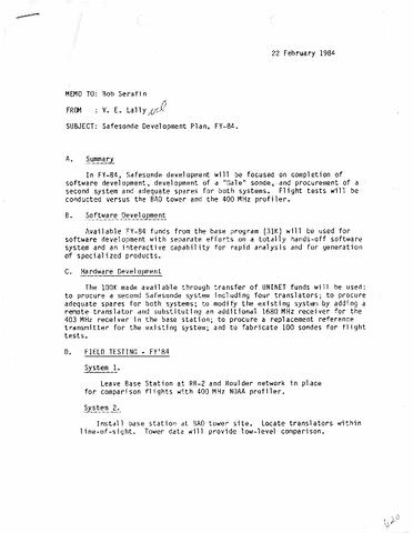 Memo, V.E. Lally to Bob Serafin