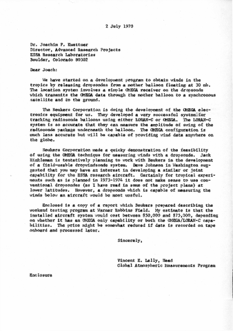 Correspondence, Vincent E. Lally to Joachim P. Kuettner