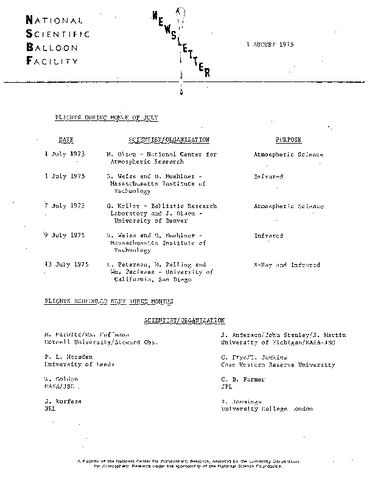 Newsletter, National Scientific Balloon Facility, August 1975