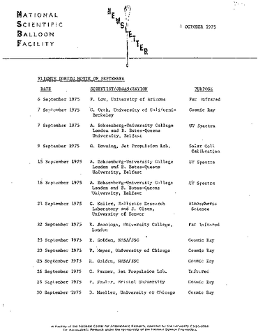 Newsletter, National Scientific Balloon Facility, October 1975