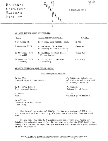 Newsletter, National Scientific Balloon Facility, December 1975
