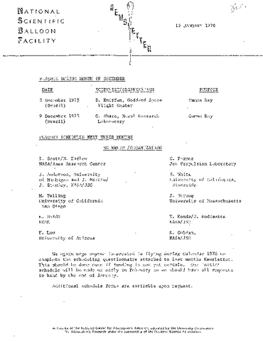 Newsletter, National Scientific Balloon Facility, January 1976