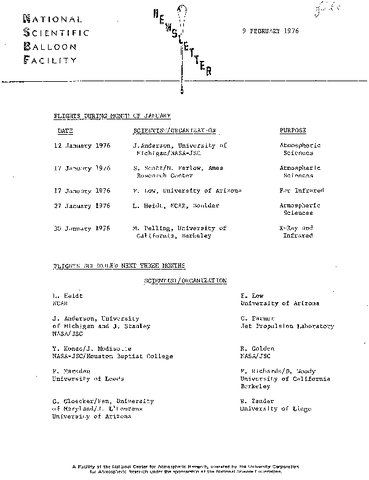 Newsletter, National Scientific Balloon Facility, February 1976