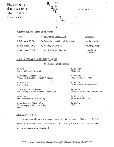 Newsletter, National Scientific Balloon Facility, March 1976