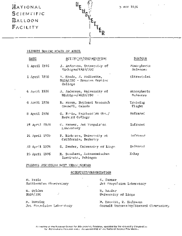 Newsletter, National Scientific Balloon Facility, May 1976
