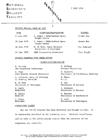 Newsletter, National Scientific Balloon Facility, July 1976