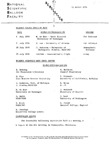 Newsletter, National Scientific Balloon Facility, August 1976