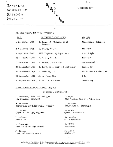 Newsletter, National Scientific Balloon Facility, October 1976