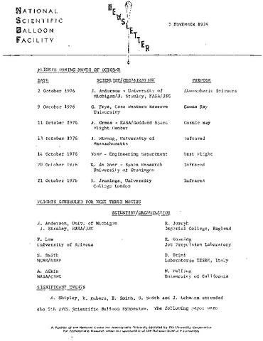 Newsletter, National Scientific Balloon Facility, November 1976
