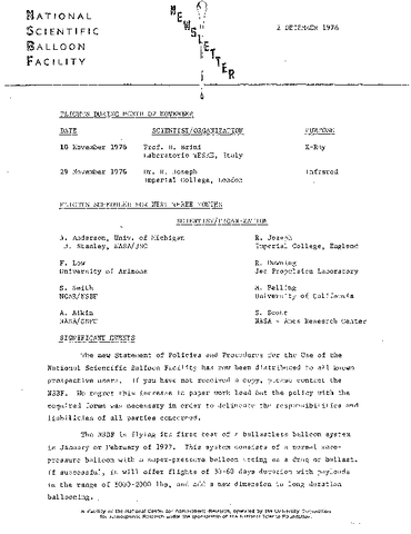 Newsletter, National Scientific Balloon Facility, December 1976