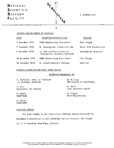 Newsletter, National Scientific Balloon Facility, January 1977