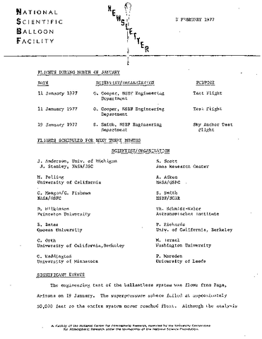 Newsletter, National Scientific Balloon Facility, February 1977