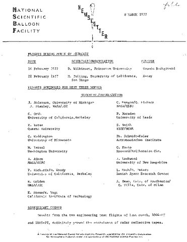 Newsletter, National Scientific Balloon Facility, March 1977
