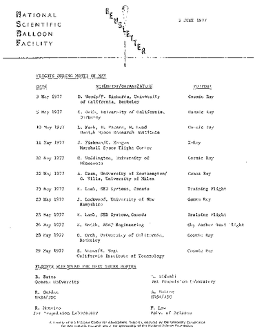 Newsletter, National Scientific Balloon Facility, June 1977