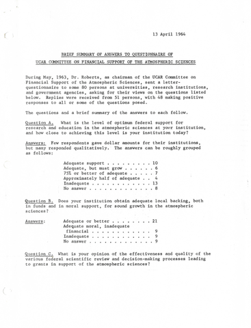 Brief summary of answers to questionnaire of UCAR Committee on financial support of the atmospheric sciences