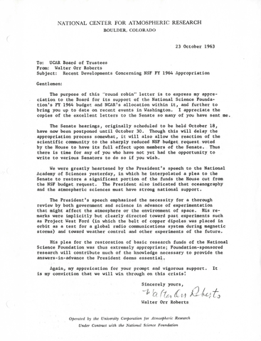 Memo, Recent developments concerning NSF FY 1964 appropriation