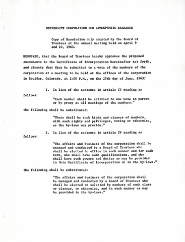 Copy of resolution duly adopted by the Board of Trustees at the annual meeting held on April 9 and 10, 1963