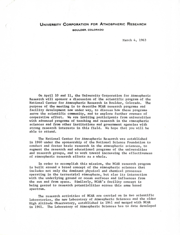 Correspondence, Walter Orr Roberts to potential participants in a discussion of the scientific program of the National Center for Atmospheric Research