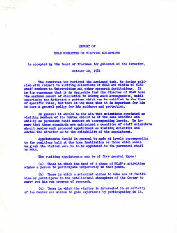 Report of UCAR Committee on Visiting Scientists