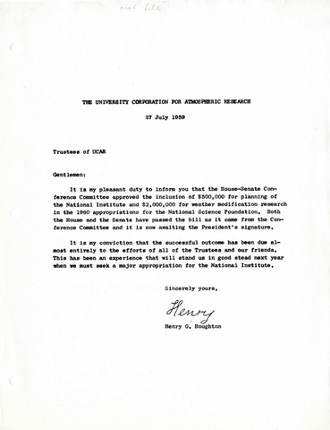 Correspondence, Henry G. Houghton to trustees of UCAR