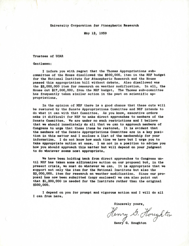 Correspondence, Henry G. Houghton to trustees of UCAR