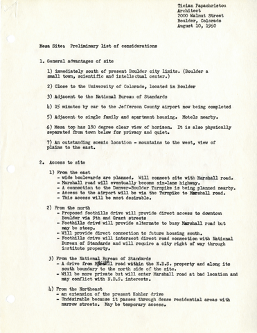 Mesa Site: Preliminary list of considerations