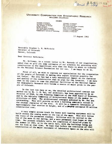 Correspondence from Walter Orr Roberts to Stephen McNichols, Governor of Colorado