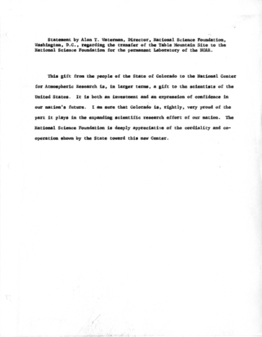 Statement by Alan T. Waterman, NSF re: transfer of Table Mountain Site land