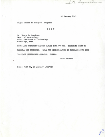 Correspondence from Mary Andrews, Dr. Roberts' assistant, to Henry Houghton, MIT