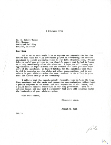 Correspondence from Joseph Rush, NCAR, to Robert Turner, City Manager, Boulder