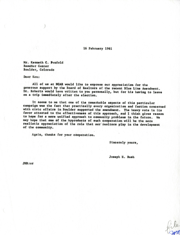 Correspondence from Joseph Rush, NCAR, to Kenneth Penfold, Board of Realtors, Boulder
