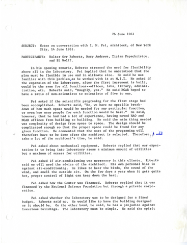 Summary of meeting between Dr. Roberts and I.M. Pei in Boulder